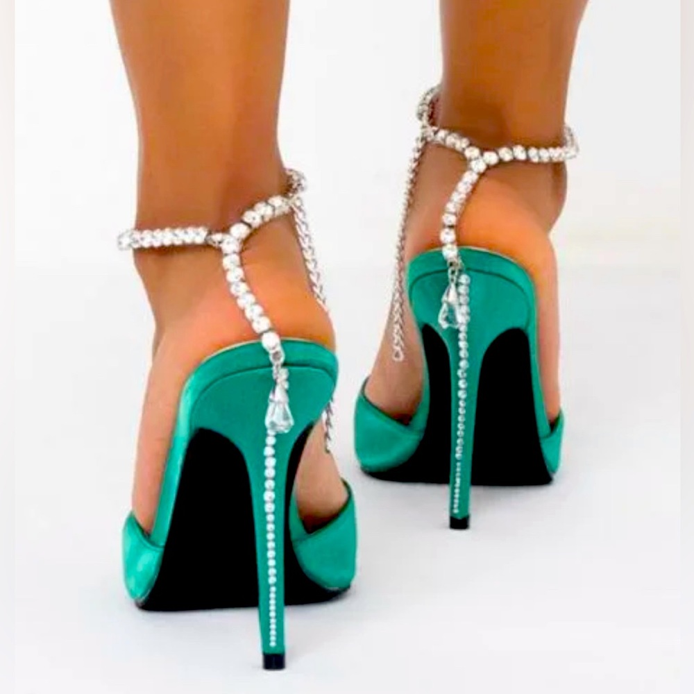 Green Satin and Rhinestone Heels - Picture 2 of 7